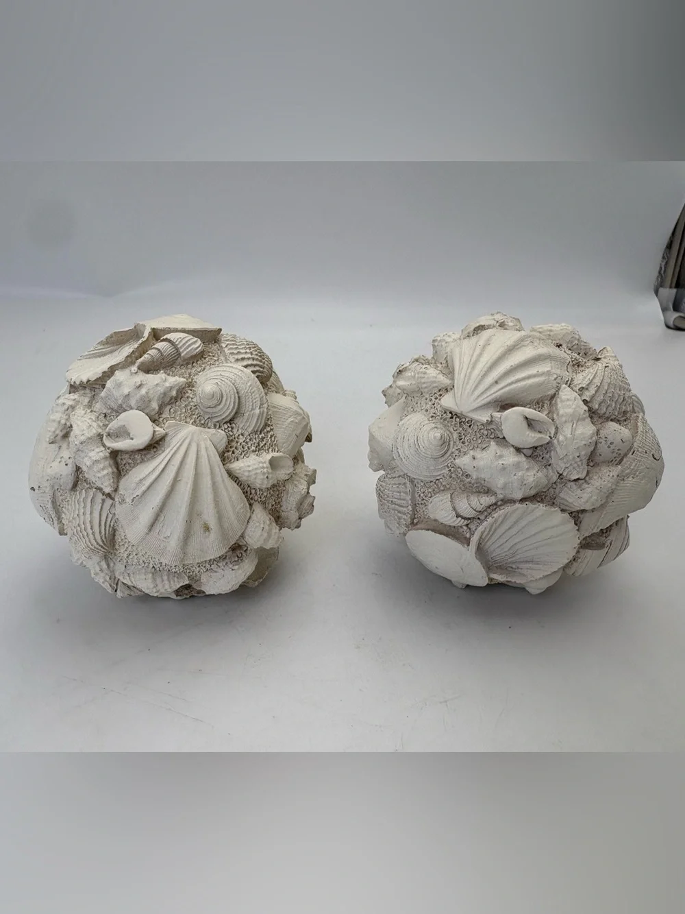 Cream Resin “Seashell” Decorative Spheres - Coastal Home Art Pair